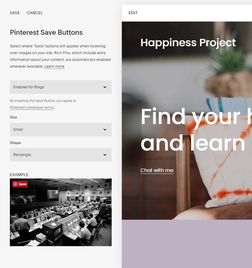 Enabling Squarespace Pinterest Save Button